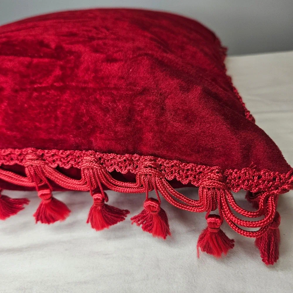 Red Velvet Throw Pillow with Tassel Fringe Trim Square 13x13 Decorative Accent